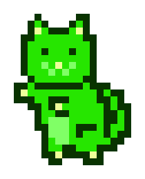 Pixel art illustration of a green creature with small horns and a lighter green belly, resembling a stylized cat or monster.