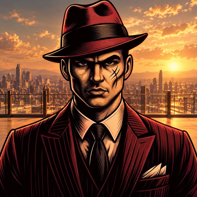 A stylized comic-style illustration shows a stern man in a red pinstripe suit and red fedora with a facial scar, set against a sunset cityscape backdrop. The image complements the "Happy new week" greeting by presenting a confident, no-nonsense figure ready to tackle the week with style.