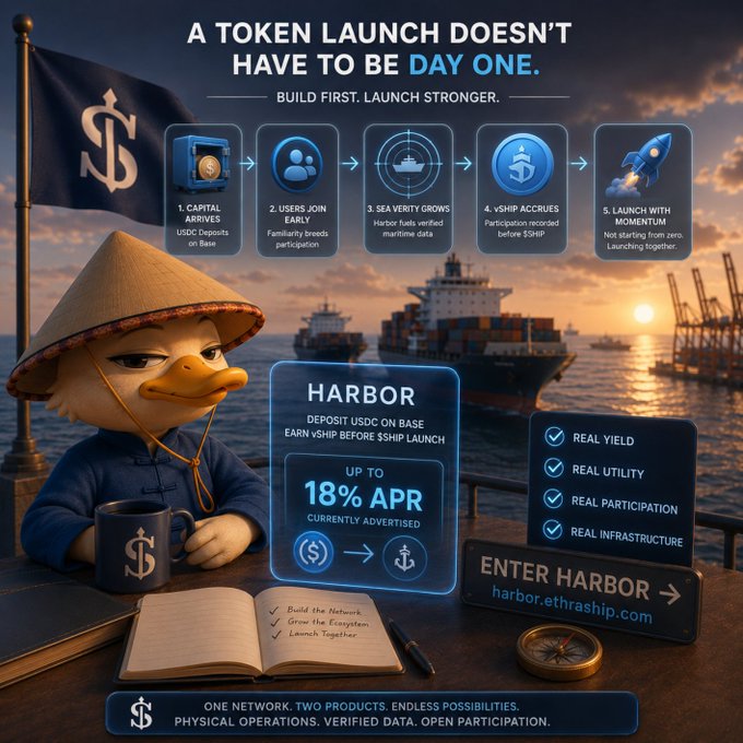 A promotional advertisement for 'HARBOR' by Ethraship, depicting a duck mascot in a conical hat, offering up to 18% APR for depositing USDC on Base before a vSHIP launch.