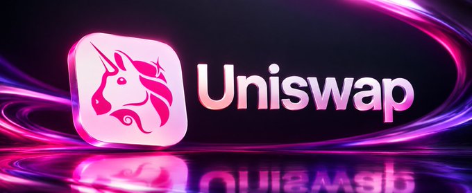 A stylized pink and purple promotional banner for "Uniswap" featuring the platform's unicorn logo on the left against a dark background with glowing light trails.