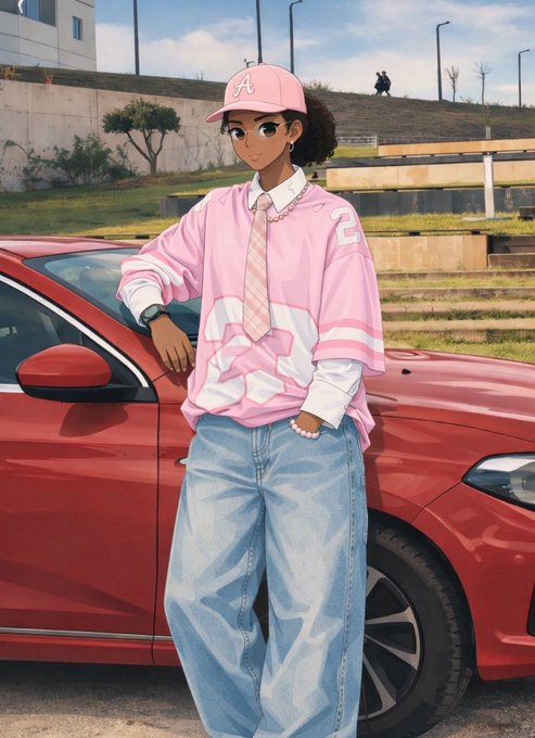 An anime-style illustration of a girl wearing a pink 'A' cap, pink jersey, tie, and baggy jeans, leaning against a red car.