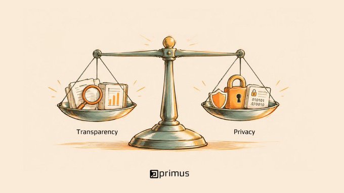 An illustration of a balance scale weighing “Transparency” against “Privacy,” with documents and a magnifying glass on one side and a lock, shield, and ID card on the other. The “primus” logo appears at the bottom.