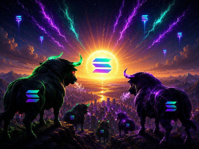 A dramatic digital artwork shows two massive Solana-branded bulls (green and purple) with glowing logos facing off against a sunset, alongside smaller bulls overlooking a futuristic neon cityscape — perfectly matching the bullish Solana ($SOL) theme of the post alongside the tickers $ANSEM and $CURB.