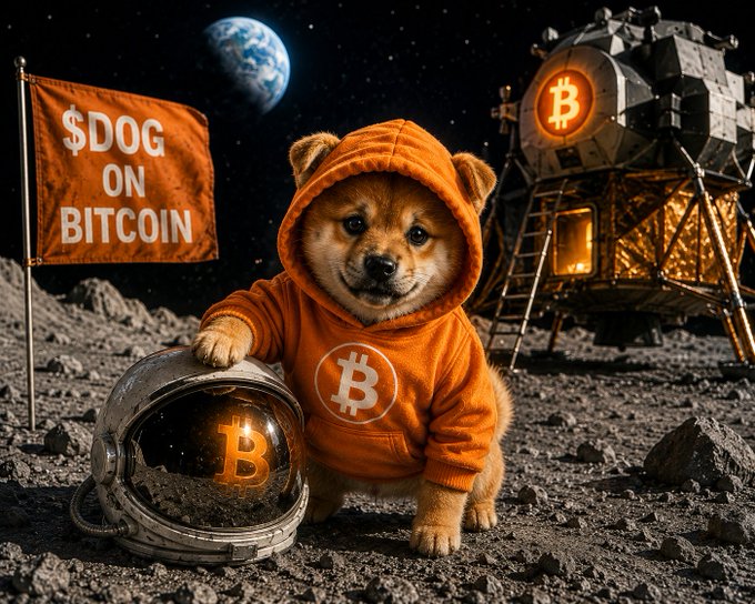 An AI-generated image of a Shiba Inu dog in an orange hoodie holding a Bitcoin helmet on the moon, with a '$DOG ON BITCOIN' flag and Bitcoin lunar lander in background.