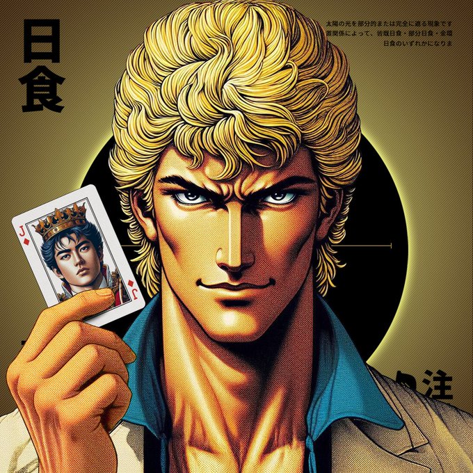 Stylized anime artwork of a blonde man holding a Jack of Hearts card, with Japanese text '日食' (Solar Eclipse) in the top left corner.