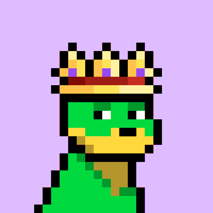 A pixel art rendering of a green and yellow dragon or dinosaur-like creature wearing a jeweled gold crown against a light purple background.