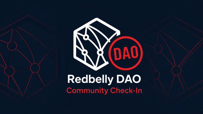 A logo graphic for 'Redbelly DAO - Community Check-In' featuring a geometric hexagonal icon with network connections on a dark blue background.