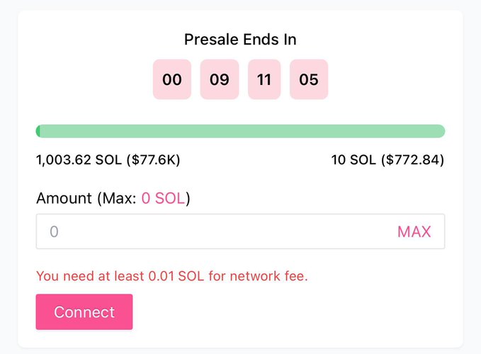 A presale countdown shows 9 hours, 11 minutes, and 5 seconds remaining for $DARK, with a progress bar indicating over 1,003.62 SOL ($77.6K) raised out of a 10 SOL hard cap, though the input field currently displays 0 SOL and a network fee warning appears. The "Connect" button suggests users must link a wallet to participate in the final hours of the token sale.