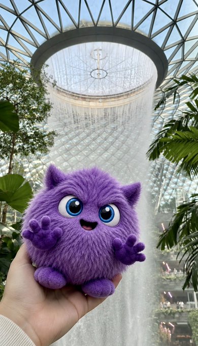 A person holds up a round, fuzzy purple toy with blue eyes and a small smile, with the indoor waterfall at Jewel Changi Airport visible in the background.