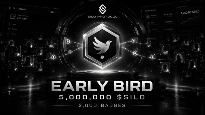 A promotional graphic for "Silo Protocol" featuring an "EARLY BIRD" offer of 5,000,000 $SILO tokens across 2,000 badges, set on a dark, futuristic background with network graphics.