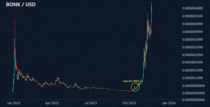 A candlestick chart showing BONK/USD price from Jan 2023 to Jan 2024, highlighting a dramatic price spike in 'Late Oct 2023' marked with a yellow circle.