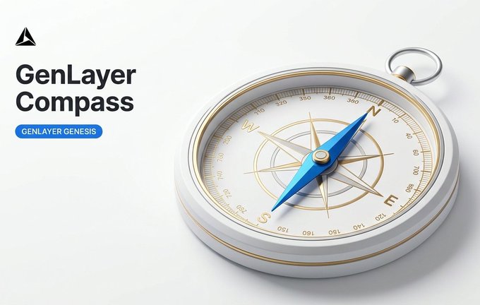 A 3D-rendered compass with a blue needle points toward the "N" on its white and gold face, beside the text "GenLayer Compass" and a "GENLAYER GENESIS" badge. The image visually reinforces the post's message of calm, thoughtful guidance, contrasting with the chaotic "arcade" experience of typical crypto portals by symbolizing GenLayer's portal as a steady, navigational tool rather than a demanding checklist.