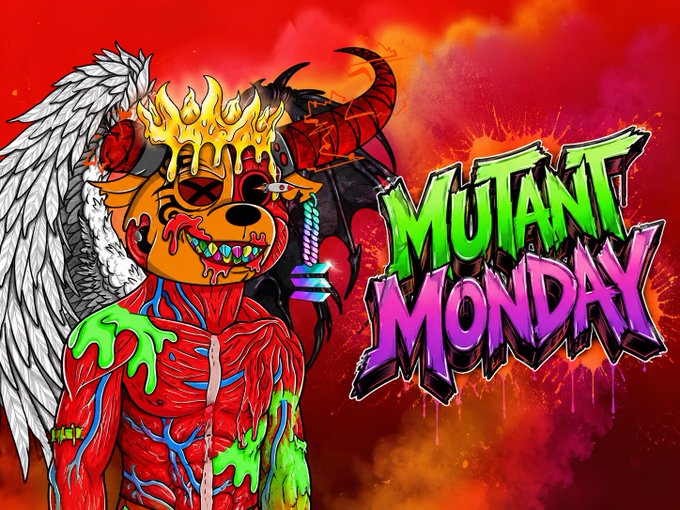 The image features a cartoon bear with red skin, wearing a crown of fire and surrounded by various colors including pink, purple, green, and orange. The background shows a red sky with clouds, giving the impression that the bear is standing on top of a mountain or in front of a sunset. The post includes text that reads "Gooodmorning and Happy Mutant Monday No better feeling than waking up already trending! GM from your favorite Solana NFT - The BullBears".