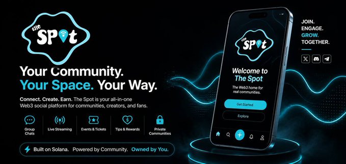 Marketing banner for 'The Spot' Web3 community platform, tagline 'Your Community. Your Space. Your Way.', built on Solana.