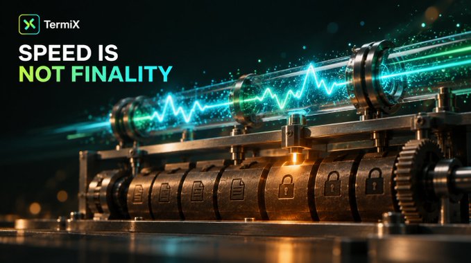 A TermiX advertisement featuring mechanical gears with padlocks and glowing blue energy waves, displaying the text 'SPEED IS NOT FINALITY'.