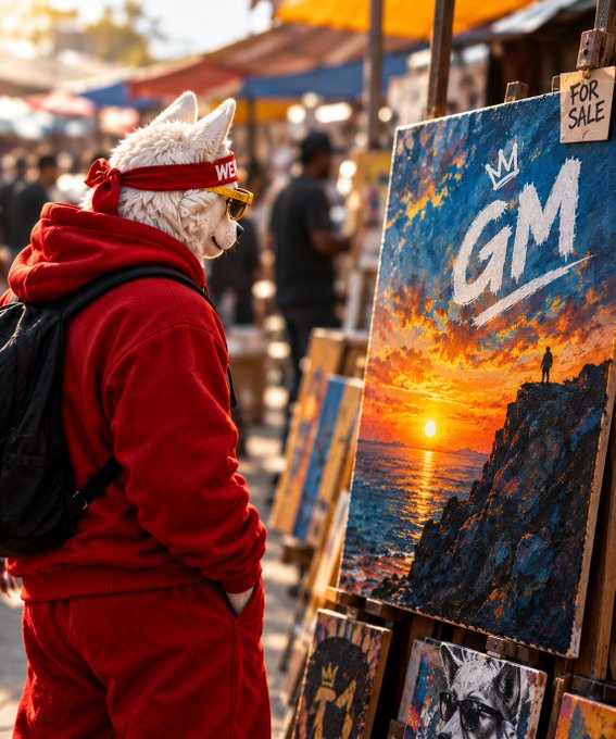 A figure wearing a white wolf mask, yellow sunglasses, and a red tracksuit with a red headband views a vibrant sunset painting labeled 'FOR SALE' with 'GM' in large letters.