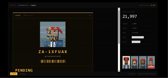 A terminal window displaying the ZADOM UNIVERSE NFT interface shows a pending application for pixel art character "ZA-1XFUAK" (@cryptoHustlerOk) with 21,907 applications submitted for the Zcash pool.