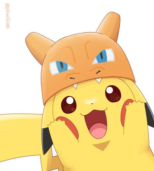Pikachu grins excitedly while wearing an orange Charmander-style hood, perfectly capturing the cheerful "good morning web3" vibe with a burst of playful energy to start the day.