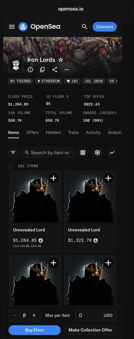 A mobile screenshot of OpenSea showing an NFT collection called 'Iron Lords' with items labeled 'Unrevealed Lord' priced around $1,264-$1,322.