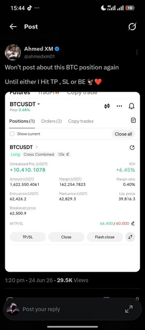 The image shows a Twitter post by a person named Ahmed XM. The post includes an image of a spreadsheet containing various statistics about Bitcoin transactions. In the top left corner, there's a message from another user asking if Ahmed has heard any news about the position in BitCoin. Additionally, there is an image of a person's face with the caption "Post by Ahmed XM at 4:24 PM on June 20th". The post also includes several tweets and mentions of other users, such as @Habbyfx and @BTCPrice.