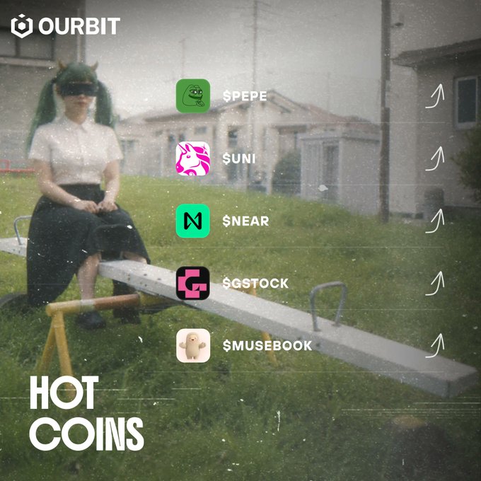A promotional graphic for Ourbit's "Hot Coins" section features a vintage-style image of a person sitting on a seesaw, overlaid with trending cryptocurrency tickers: $PEPE, $UNI, $NEAR, $GSTOCK, and $MUSEBOK.
