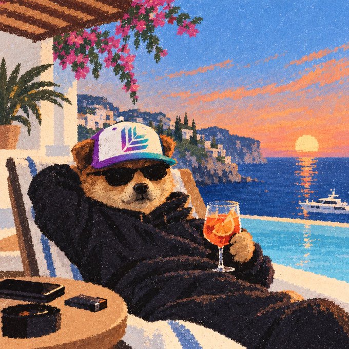 A retro-style painting of an anthropomorphic teddy bear wearing a purple and white cap and sunglasses, lounging in a beach chair with an orange cocktail, overlooking a sunset ocean view with a yacht.