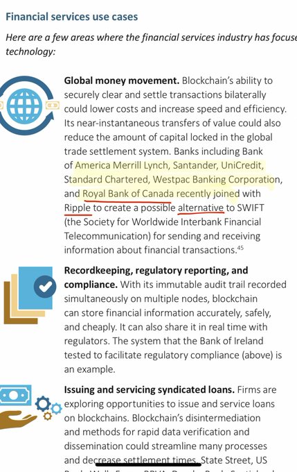 The image displays a "Financial services use cases" infographic highlighting blockchain technology applications, including global money movement, recordkeeping/regulatory reporting, and syndicated loans. It specifically mentions that Royal Bank of Canada joined Ripple to create a possible alternative to SWIFT, alongside other banks like Bank of America, Merrill Lynch, Santander, UniCredit, Standard Chartered, Westpac, and Royal Bank of Canada—directly supporting the post's focus on RBC's involvement with XRP/Ripple for cross-border transactions.