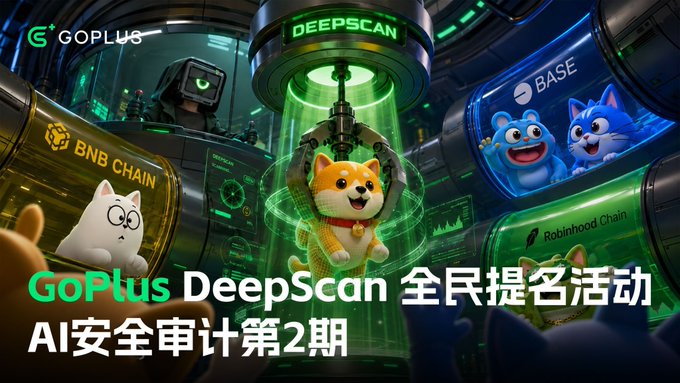 A promotional graphic for GoPlus DeepScan features cartoon animals (a dog, a cat, and bears) alongside text reading 'GoPlus DeepScan 全民提名活动 AI安全审计第2期', with references to BNB Chain, Base, and Robinhood Chain.