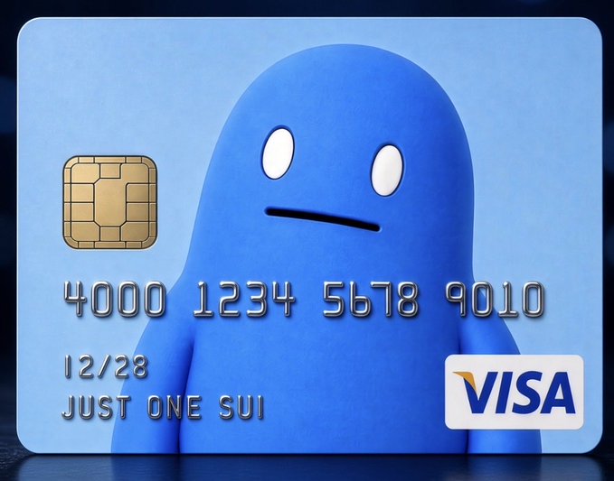 A blue Visa credit card with a cartoon ghost character has the card number 4000 1234 5678 9010, an expiration of 12/28, and the text "JUST ONE SUI" printed on it.