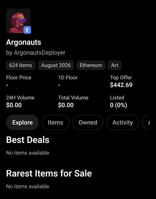 A screenshot of a cryptocurrency NFT collection page titled 'Argonauts' by ArgonautsDeployer, displaying 624 items on Ethereum, with a Top Offer of $442.69 and zero trading volume.