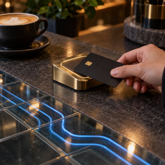 A hand holding a black credit card over a brass NFC payment terminal on a granite countertop, with a latte in the background and blue illuminated cable channels visible in the counter surface.