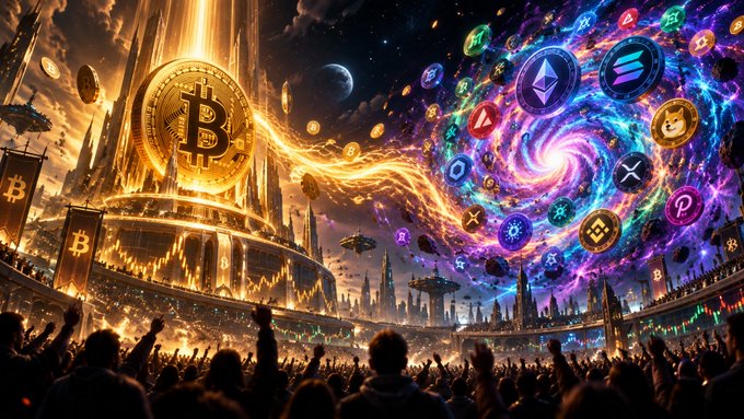 Vibrant digital artwork depicting Bitcoin at a grand stadium event with a golden tower and a colorful cosmic galaxy featuring various cryptocurrency logos including Ethereum, Solana, and Dogecoin, with a cheering crowd below.