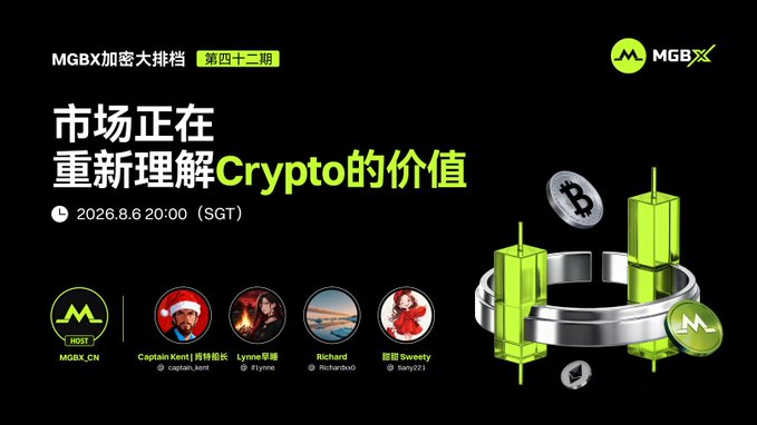 A promotional banner for MGBX's 42nd Crypto Night Market event, scheduled for August 6, 2026 at 20:00 SGT, featuring the theme "The market is rediscovering the value of Crypto." The black graphic showcases green crypto-themed imagery with BTC coins, host MGBX_CN, and guests Captain Kent, Lynne, Richard, and Sweety, complementing the post's announcement of a 50 USDT giveaway for 5 lucky participants who follow @MGBX_ZH and leave their UID.