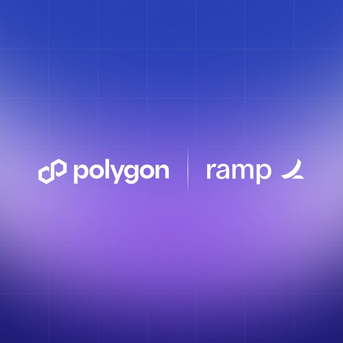 The image features the Polygon and Ramp logos side-by-side on a purple gradient background, visually representing the partnership that enables fast, low-cost USDC and USDT cross-border payments as described in the accompanying text.