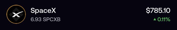 A dark-themed financial display shows the SpaceX logo alongside the text 'SpaceX', '6.93 SPCXB', a price of '$785.10', and a green upward arrow with '0.11%'.