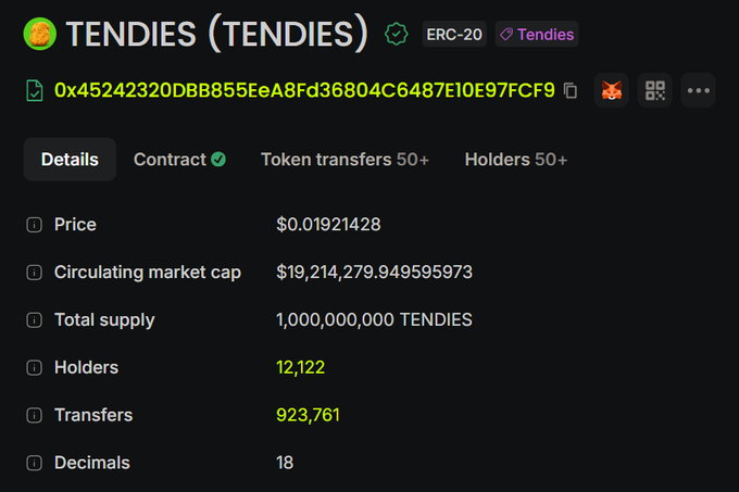 A blockchain explorer page shows details for the TENDIES (TENDIES) ERC-20 token, including a contract address, price of $0.01921428, and 12,122 holders.
