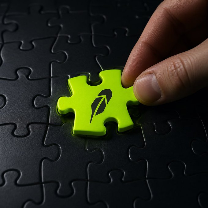 A hand places a bright green puzzle piece featuring a stylized leaf/pen nib logo into a black jigsaw puzzle background.