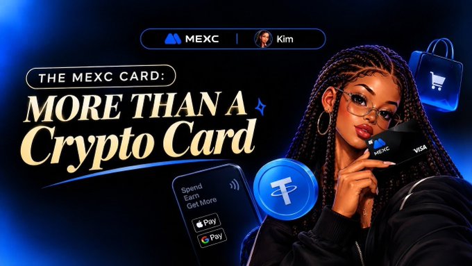 A promotional graphic for "THE MEXC CARD" featuring a woman holding the card, with text promoting it as "MORE THAN A Crypto Card," alongside MEXC and Visa branding, a Tether (₮) coin, and Apple/Google Pay logos. The image illustrates the user's experience of using the MEXC card for seamless crypto purchases.