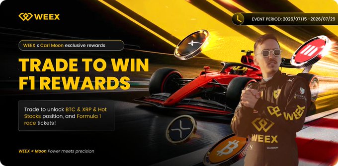 A promotional banner for WEEX x Carl Moon featuring a Formula 1 race car and a man in a Ferrari racing jacket, with text 'TRADE TO WIN F1 REWARDS' and event period 2026/07/15-2026/07/29.