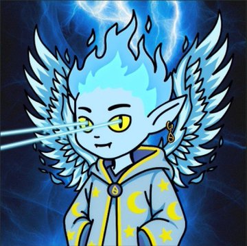 A digital illustration of a character with blue flame-like hair, yellow eyes, and white wings, wearing a grey and yellow robe.