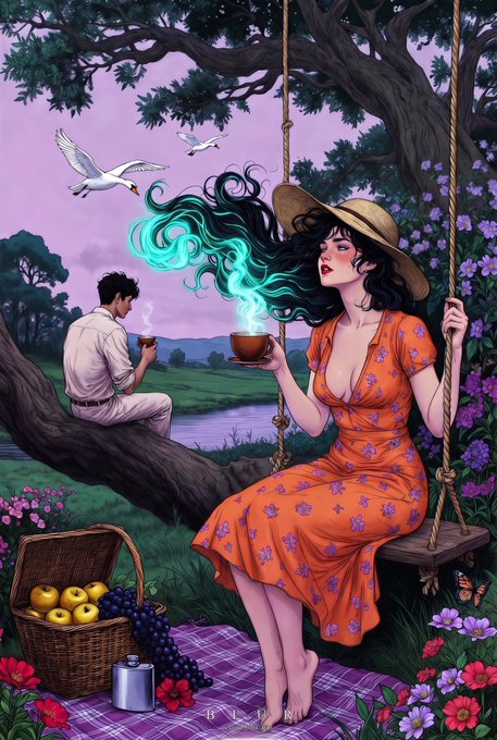 A fantasy illustration depicts a woman in a floral orange dress sitting on a rope swing holding a smoking teacup, with glowing teal hair, a picnic basket, and a man sitting on a tree branch in a purple-hued landscape.