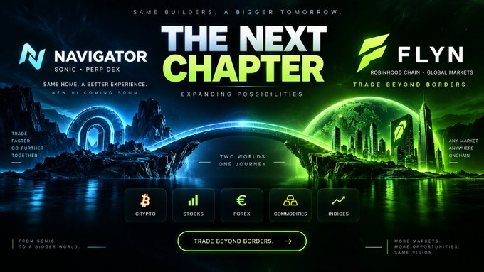 A promotional banner titled 'THE NEXT CHAPTER' advertising Navigator (Sonic, Perp DEX) and Flynn (Robinhood Chain, Global Markets) for trading crypto, stocks, forex, commodities, and indices.