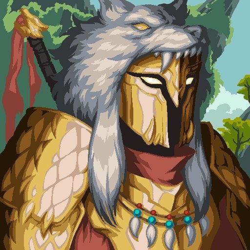 A pixel art illustration of an armored warrior wearing a wolf headdress with yellow eyes and a golden helmet, set against a forest background.