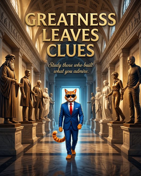An illustrated motivational poster featuring a cat wearing a blue suit and sunglasses walking through a grand hall lined with statues, with the text "GREATNESS LEAVES CLUES" and "Study those who built what you admire."