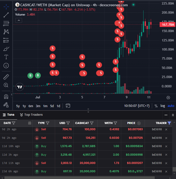 A TradingView chart of CASHCAT/WETH showing a price of $167.78 (-2.17%) with multiple '$' sell signal markers on a candlestick chart, alongside a transaction history table below.