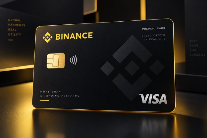 A sleek black and gold Binance Visa prepaid card sits on a reflective surface, featuring the Binance logo, a contactless chip, and text reading "PREPAID CARD," "SPEND CRYPTO IN REAL LIFE," and "MORE THAN A TRADING PLATFORM." The image visually reinforces the accompanying text by illustrating the physical Binance Card that bridges cryptocurrency holdings with real-world spending, highlighting its utility beyond just trading.