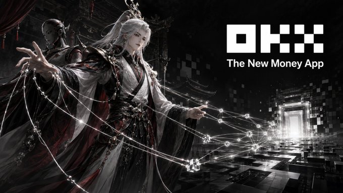 An advertisement for OKX, 'The New Money App,' features a stylized character in flowing white and dark robes manipulating digital chains and a cryptocurrency symbol against a dark, temple-like background.
