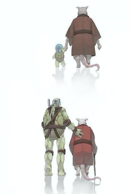 Two illustrations depict a turtle-like anthropomorphic creature in a brown coat walking alongside a small humanoid child, with the bottom panel showing a large muscular turtle character placing a hand on the creature's shoulder.