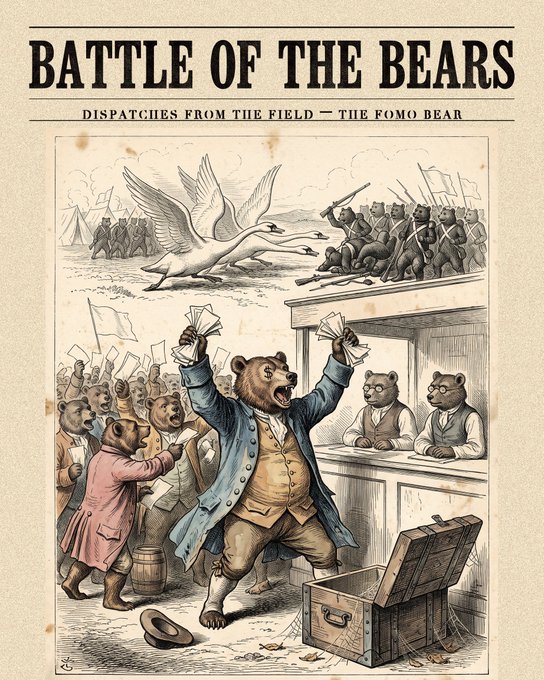 A vintage-style illustration titled 'BATTLE OF THE BEARS' with the subtitle 'DISPATCHES FROM THE FIELD — THE FOMO BEAR', depicting anthropomorphic bears in a chaotic scene with papers and a treasure chest.