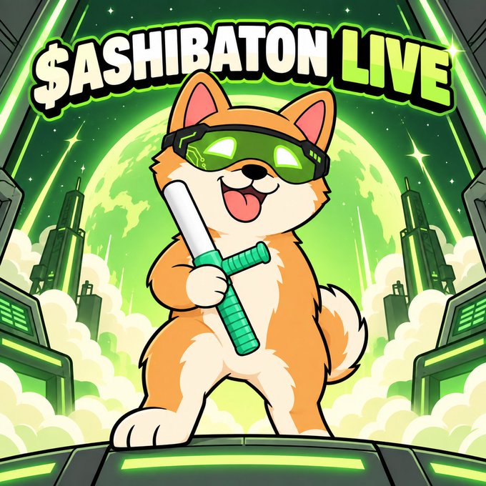 A cartoon mascot of a smiling Shiba Inu wearing green glowing goggles and holding a sword, standing before a green cityscape with the text '$ASHIBATON LIVE'.